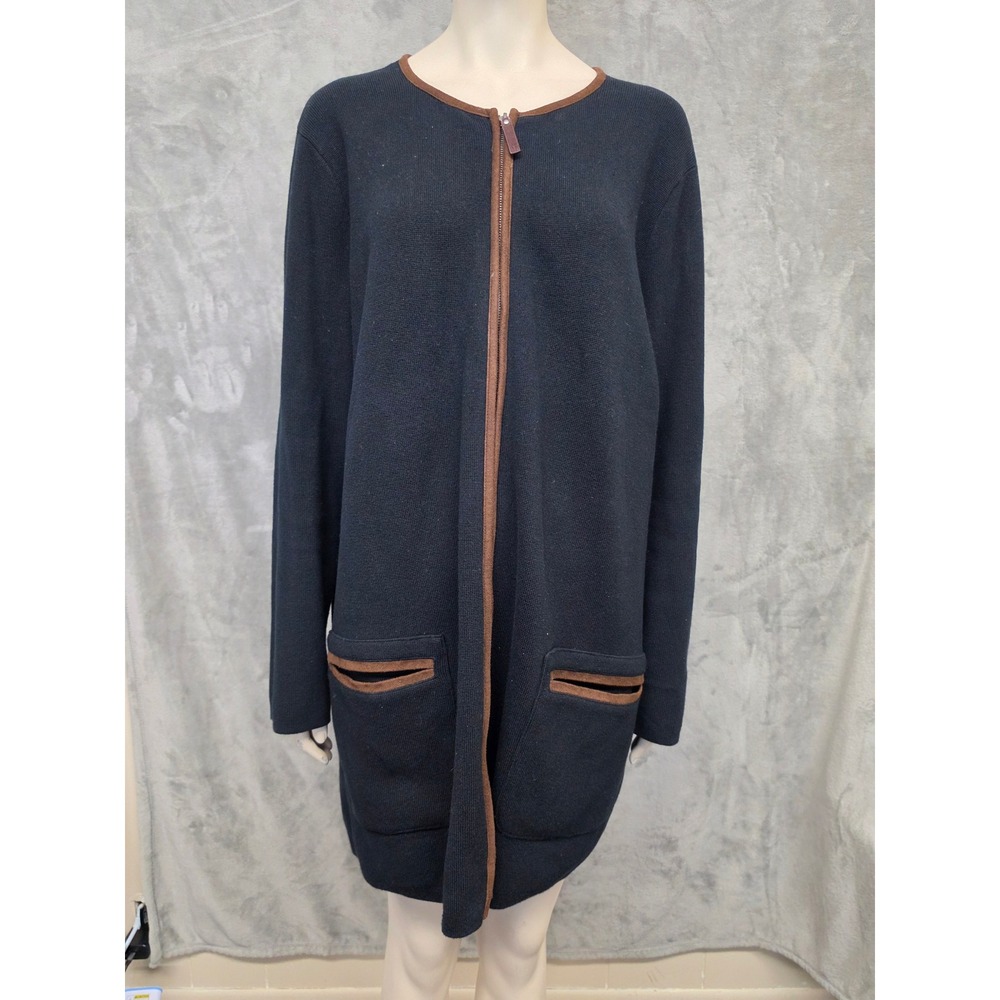 Lauren Ralph Lauren Black Full Zip Longline Cardigan Suede Trim 2X Knit Sweater